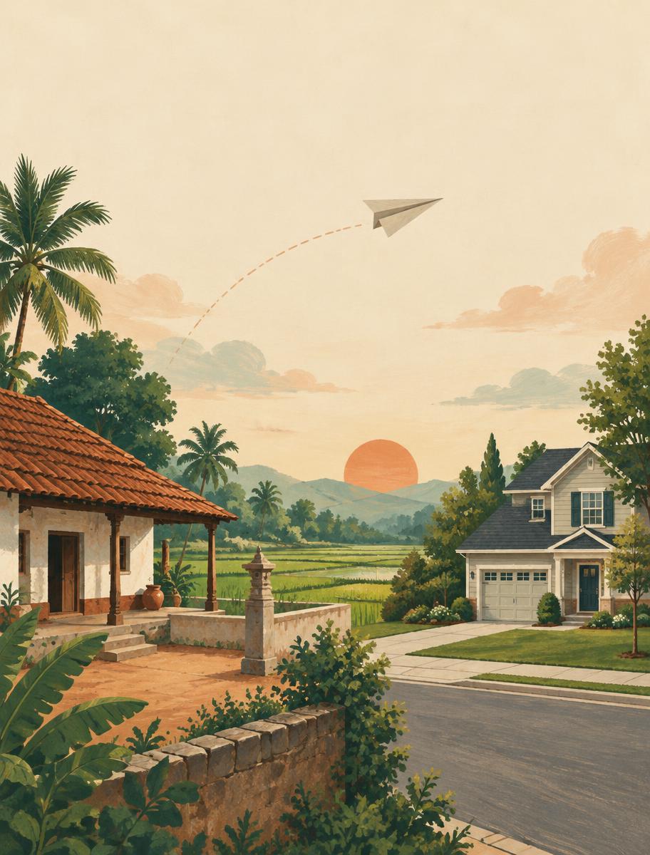 Illustration of a Telangana village home with paddy fields and an American house, joined by a paper airplane flying between them